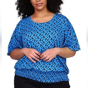 Michael Michael Kors Printed‎ Smocked-Waist Top – Cyan Floral, Size PXL